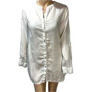 Sigrid Olsen White 100% Linen Button Front Tunic Shirt size L Large Roll Tab